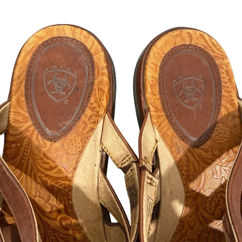 Ariat Womens Leather Slide Sandals Brown Size 7B Embossed Footbed & Strappy Desi